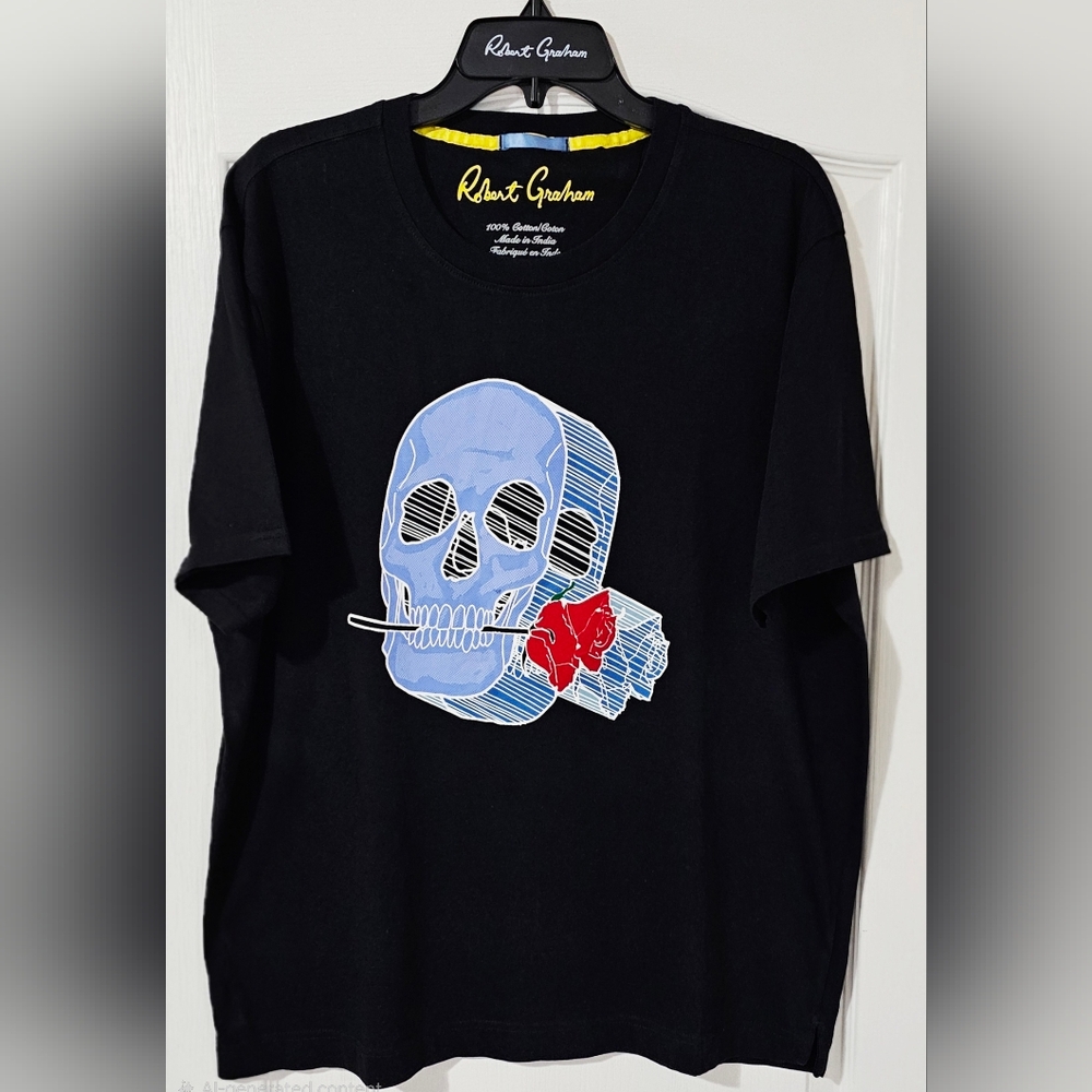 Robert Graham Black Tee with Blue Skull & Red Rose Graphic